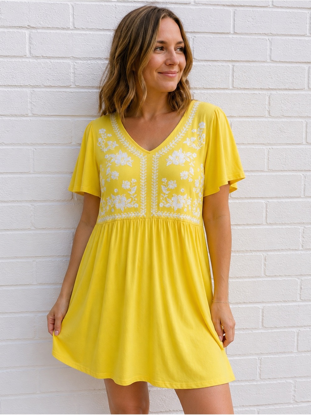NWT Dokotoo Embroidered Yellow Mini Dress Large Flutter Sleeve Boho